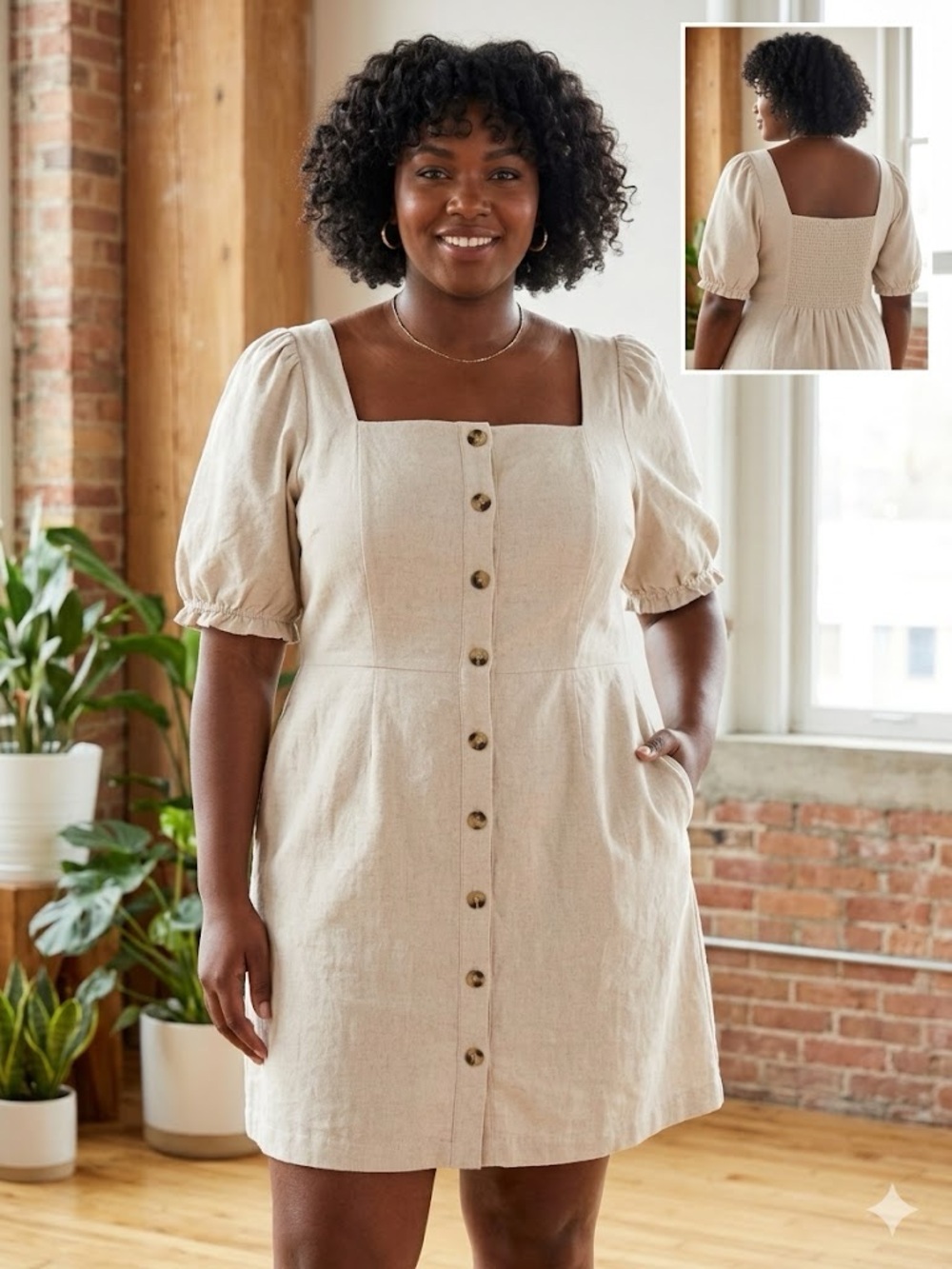 NWOT Old Navy Beige Linen Blend Square-Neck Button Mini Dress